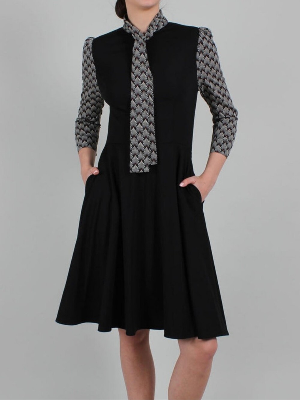 Voodoo Vixen Black A-Line Midi Dress with Patterned Sleeves Size 12/14